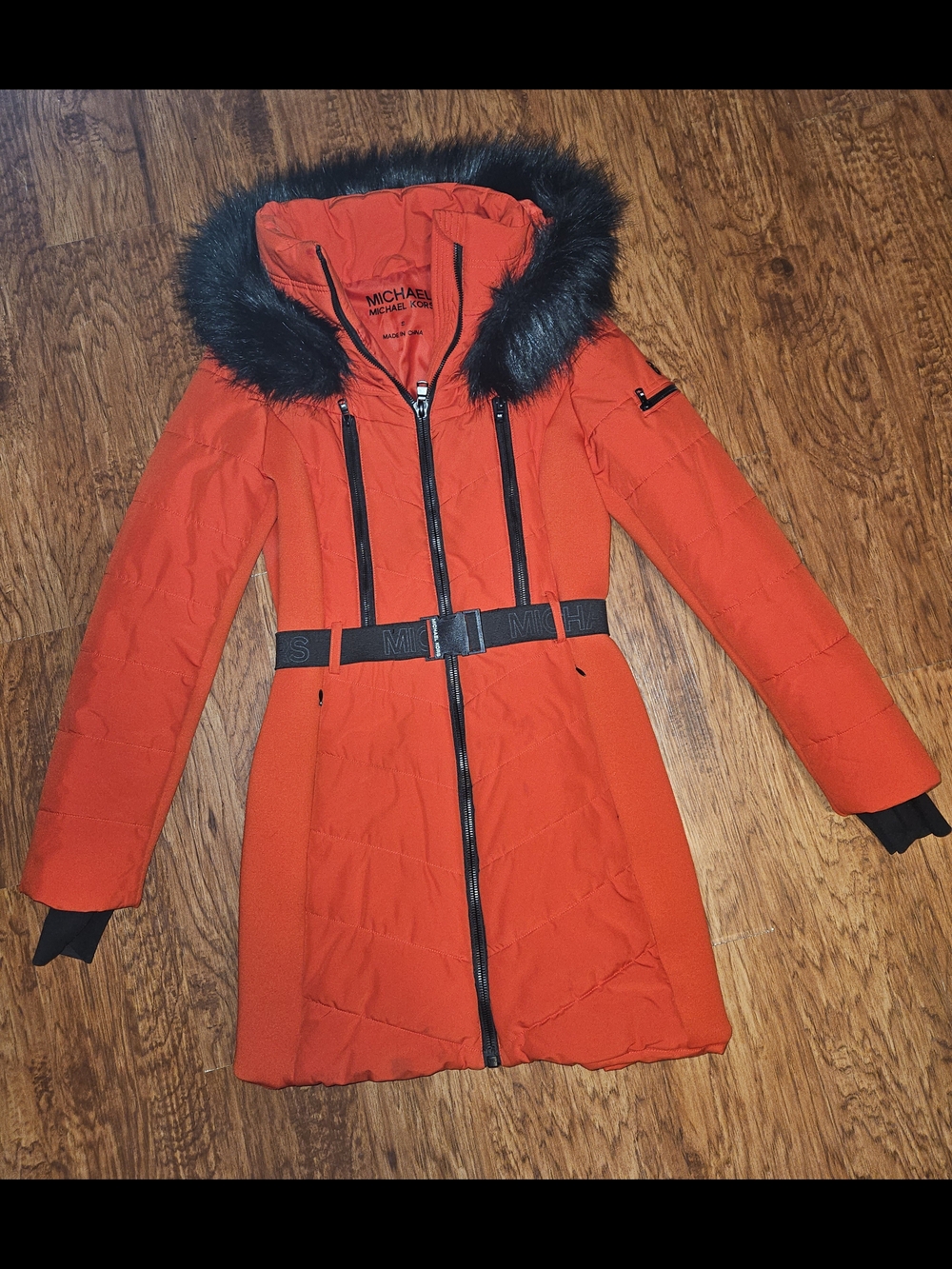 Michael Kors Red Hooded Belted Winter Coat with Faux Fur Trim